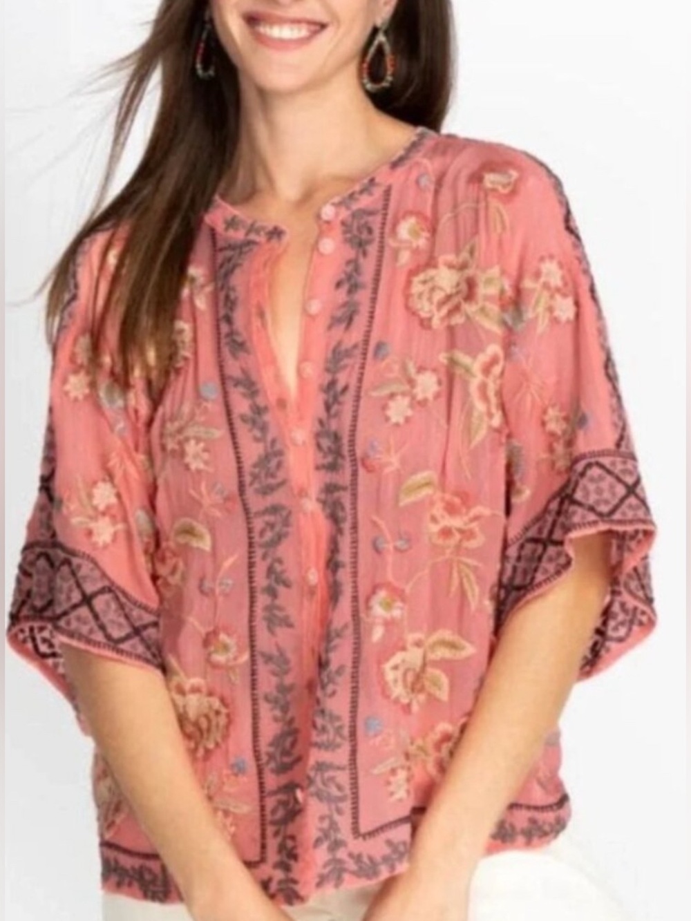 Johnny Was Mulane Embroidered Blouse Coral Sunset EUC Size S MSRP $325